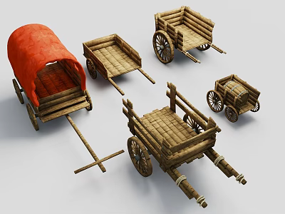 Ancient Style Wooden Carts In Various Designs And Sizes For Decoration 3d model
