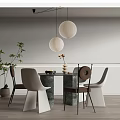 Modern Restaurant Interior With Marble Dining Table Unique Chairs Round Pendant Lights And Green Plant