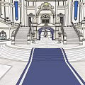 Sacred Religious Building With Symmetrical Steps Blue Flags And Ornate Decorations