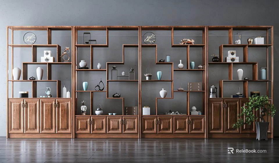 Traditional Wooden Chinese Display Shelf With Ceramic Vases Tea Sets And Decorative Items 3d model 