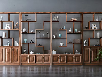 Traditional Wooden Chinese Display Shelf With Ceramic Vases Tea Sets And Decorative Items 3d model
