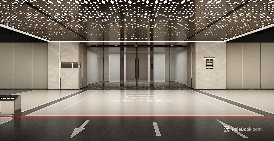 Modern Parking Garage Interior With Snowflake Ceiling Glass Doors Marble Walls And Floor Arrows 3d model 