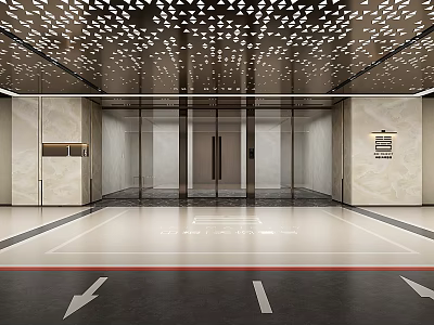 Modern Parking Garage Interior With Snowflake Ceiling Glass Doors Marble Walls And Floor Arrows 3d model