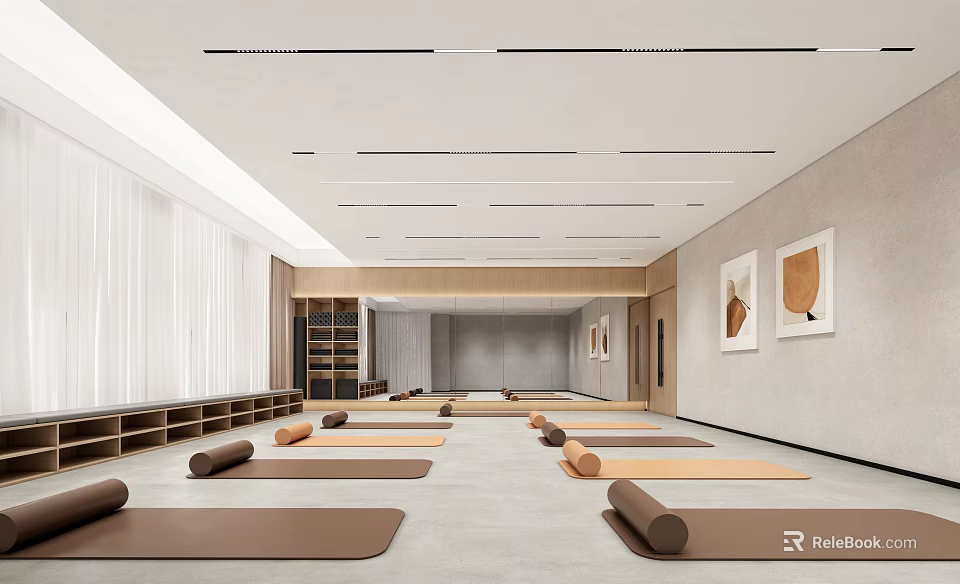Modern Yoga Studio With Mats And Rollers In Bright Space 3d model 