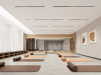 Modern Yoga Studio With Mats And Rollers In Bright Space 3d model