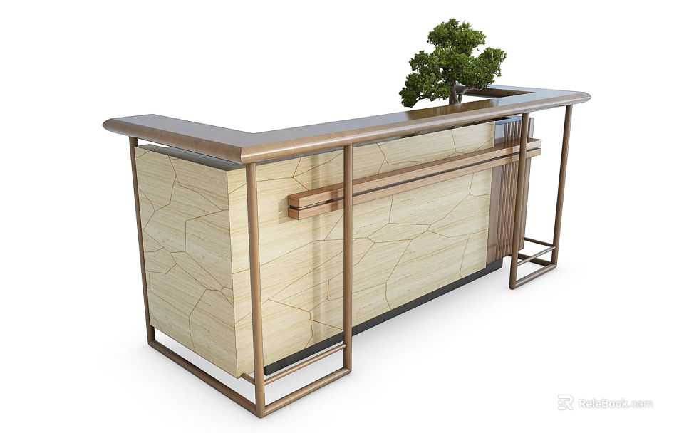 Modern Reception Desk With Wooden Texture Metal Frame And Small Tree Decoration 3d model 