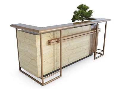 Modern Reception Desk With Wooden Texture Metal Frame And Small Tree Decoration 3d model