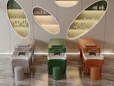 Beauty Salon Interior With Colorful Equipment Matching Stools And Oval Display Shelves 3d model