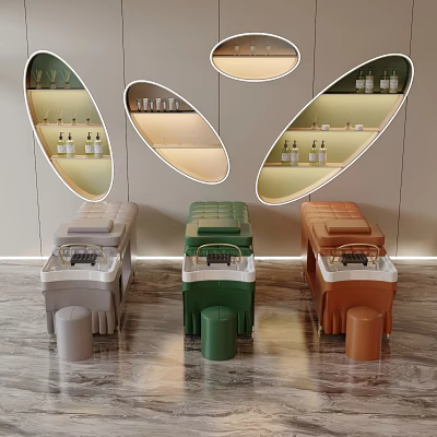 Beauty Salon Interior With Colorful Equipment Matching Stools And Oval Display Shelves 3d model
