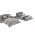 Modern Double Bed With Upholstered Headboard Wooden Nightstands Pillows And Blanket