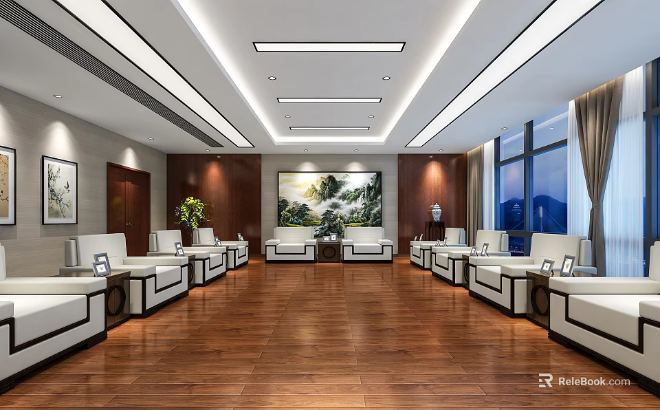 Modern Hotel Public Lounge Area With Spacious Wooden Flooring Sofas And Decorative Painting 3d model 