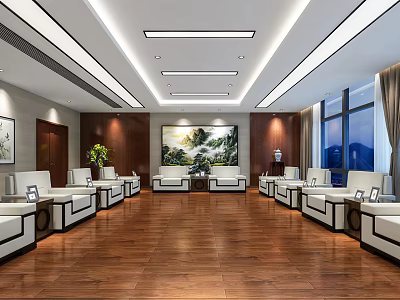 Modern Hotel Public Lounge Area With Spacious Wooden Flooring Sofas And Decorative Painting 3d model