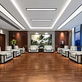 Modern Hotel Public Lounge Area With Spacious Wooden Flooring Sofas And Decorative Painting