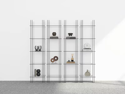 Black Grid Metal Shelving Unit With Decorative Items In Modern White Room 3d model
