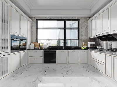 Modern Kitchen Interior With White Cabinets Marble Floor Large Window And Appliances 3d model