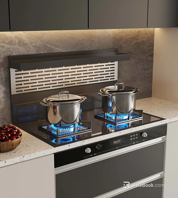 Modern Kitchen Gas Stove With Stainless Steel Pots Blue Flames Range Hood And Wooden Bowl 3d model 