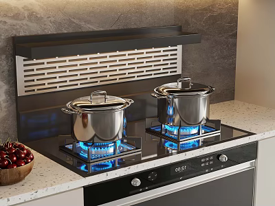 Modern Kitchen Gas Stove With Stainless Steel Pots Blue Flames Range Hood And Wooden Bowl 3d model