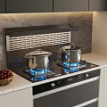 Modern Kitchen Gas Stove With Stainless Steel Pots Blue Flames Range Hood And Wooden Bowl