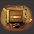 Decorative Wooden Treasure Chest With Purple Lock Gold Coins And Skull