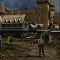 Cartoon Medieval Village Scene Featuring Castle Red Flag Stone Path And Traditional Character