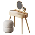 Modern Natural Wooden Dressing Table With Round Mirrors And Cushioned Stool