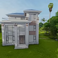 Modern Detached Villa Exterior With Green Lawn Palm Trees And Large Windows