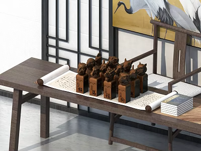 Chinese Style Animal Shaped Seal Sculpture Carvings On Table With Scrolls And Books 3d model