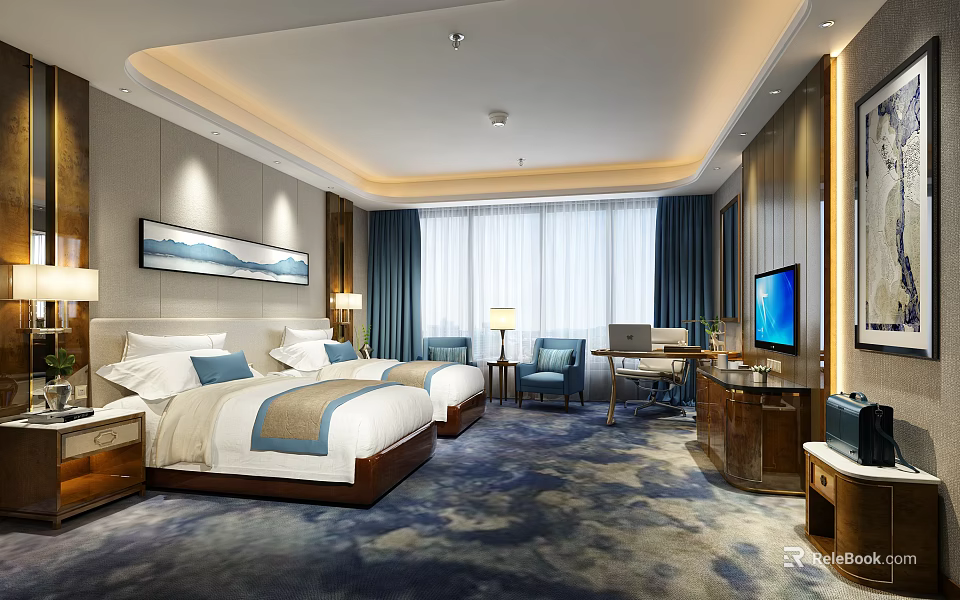 Hotel Guest Room Modern Elegant Interior with Twin Beds White Blue Linens TV and Desk 3d model 