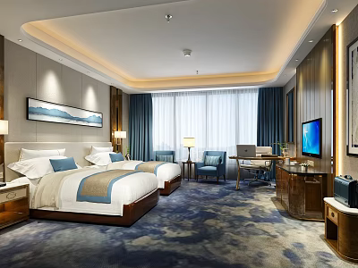 Hotel Guest Room Modern Elegant Interior with Twin Beds White Blue Linens TV and Desk 3d model