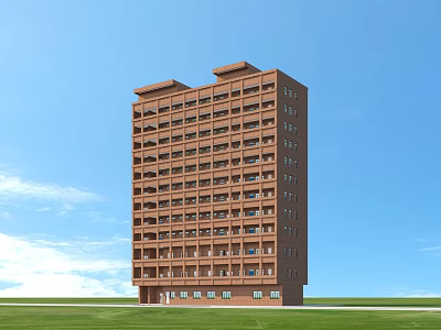 Aerial Planning Of Modern Brown High Rise Building Against Blue Sky And Green Grassland 3d model