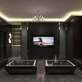 Luxurious KTV Interior Design With Black Sofa Decorative Paintings And Chandelier
