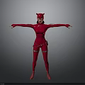 Red Catsuit Costume With Cat Ear Headpiece And Arms Outstretched Standing Pose