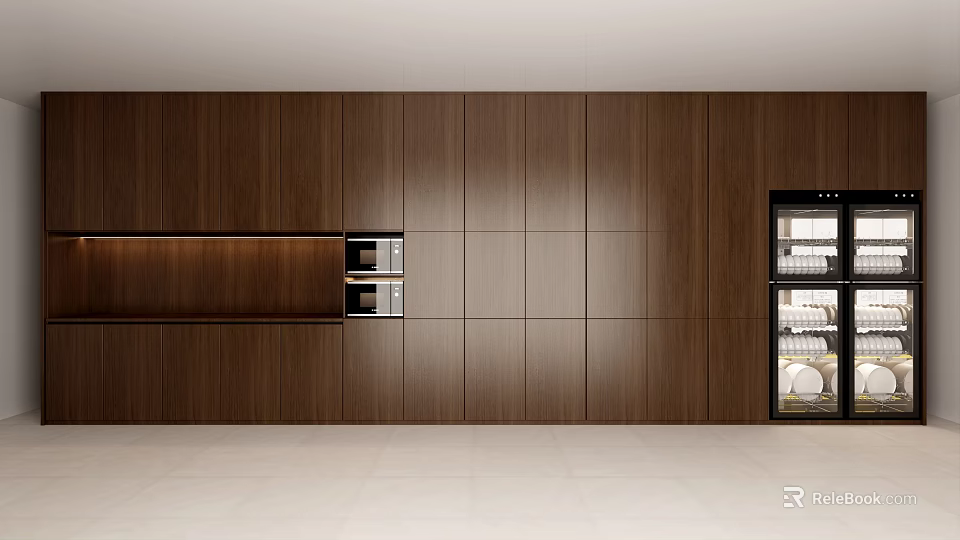Modern Kitchen Wooden Cabinets With Built in Appliances And Contemporary Sleek Design 3d model 