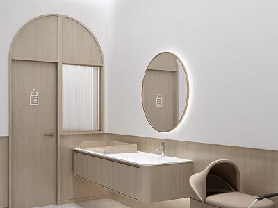Maternity Store Interior With Arched Wooden Door Round Mirror And Baby Care Station 3d model