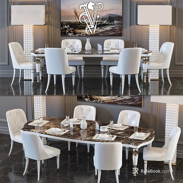 Modern Elegant Dining Table Set With Marble Top White Chairs Wall Art And Table Settings 3d model 