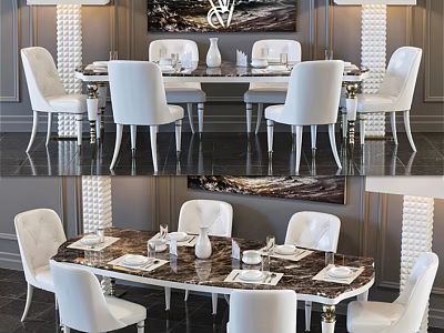 Modern Elegant Dining Table Set With Marble Top White Chairs Wall Art And Table Settings 3d model