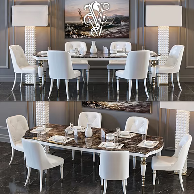 Modern Elegant Dining Table Set With Marble Top White Chairs Wall Art And Table Settings 3d model