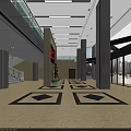 Front Desk Reception Area in Two Story Lobby with Digital Screen Statue and Ceiling Lights
