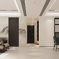 Minimalist Dining And Living Room Corridor With White Walls Built In Cabinets And Hanging Artwork