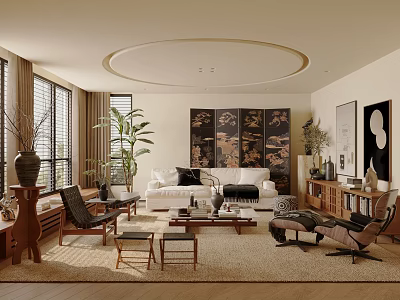 Elegant Living Room With White Sofa Black Cushions Coffee Table Green Plants And Decorative Paintings 3d model