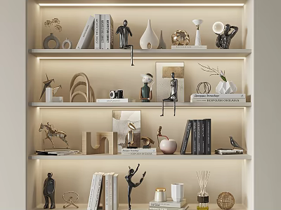 Stylish Decorative Ornament Combinations on Display Shelves with Statues Vases Books and Decorative Pieces 3d model