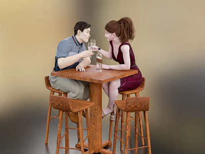 Two People Toasting Drinks At A Wooden Table With Stools 3d model