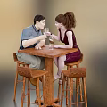 Two People Toasting Drinks At A Wooden Table With Stools 3d model