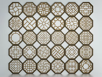 Chinese Style Decorative Partition with Intricate Geometric Openwork Patterns Arranged in Grid 3d model