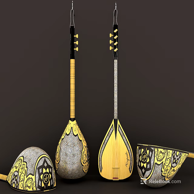 Traditional Musical Instruments with Painted Art Supplies and Decorative Patterns 3d model 