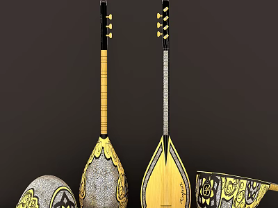 Traditional Musical Instruments with Painted Art Supplies and Decorative Patterns 3d model