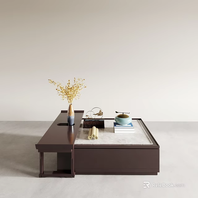 Elegant Wooden Coffee Table With Marble Top Dried Flowers Tea Set And Books 3d model 