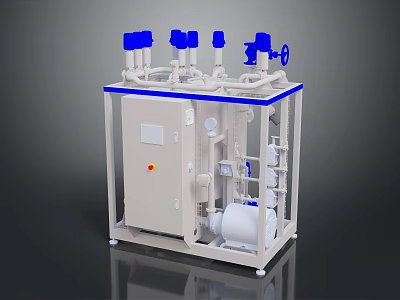 Industrial Equipment Cabinet With Blue Top Valves Piping System And Control Panel Gauges 3d model