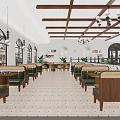 Spacious Restaurant Interior With Wooden Ceiling Beams Chandeliers Arched Windows Green Cushioned Seats And Plants