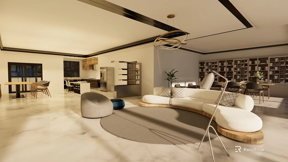 Modern Living And Dining Room Interior With Curved Sofa Round Rug And Bookshelves 3d model 
